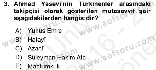 Türk Halk Şiiri Dersi 2016 - 2017 Yılı (Final) Dönem Sonu Sınav Soruları 3. Soru
