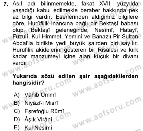 Türk Halk Şiiri Dersi 2016 - 2017 Yılı (Final) Dönem Sonu Sınav Soruları 7. Soru