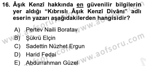 Türk Halk Şiiri Dersi 2017 - 2018 Yılı 3 Ders Sınav Soruları 16. Soru