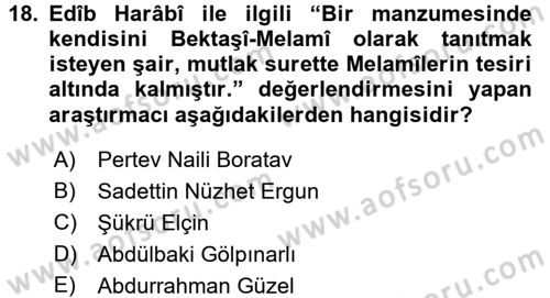 Türk Halk Şiiri Dersi 2017 - 2018 Yılı 3 Ders Sınav Soruları 18. Soru
