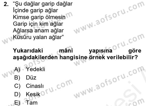 Türk Halk Şiiri Dersi 2017 - 2018 Yılı 3 Ders Sınav Soruları 2. Soru