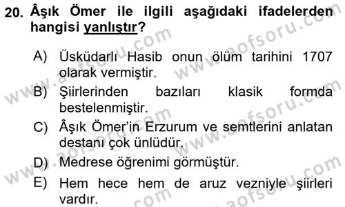 Türk Halk Şiiri Dersi 2017 - 2018 Yılı 3 Ders Sınav Soruları 20. Soru