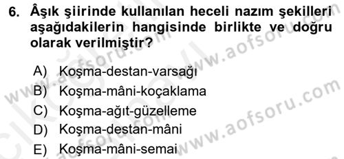 Türk Halk Şiiri Dersi 2017 - 2018 Yılı 3 Ders Sınav Soruları 6. Soru