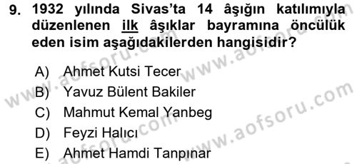 Türk Halk Şiiri Dersi 2017 - 2018 Yılı 3 Ders Sınav Soruları 9. Soru