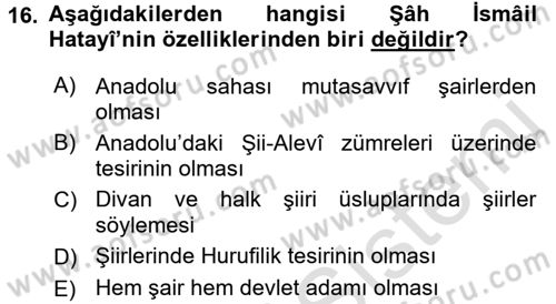Türk Halk Şiiri Dersi Ara Sınavı Deneme Sınav Soruları 16. Soru