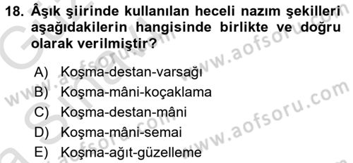 Türk Halk Şiiri Dersi Ara Sınavı Deneme Sınav Soruları 18. Soru