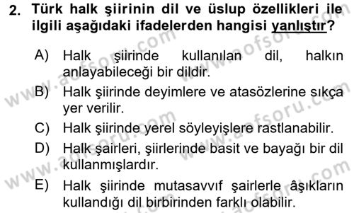 Türk Halk Şiiri Dersi Ara Sınavı Deneme Sınav Soruları 2. Soru