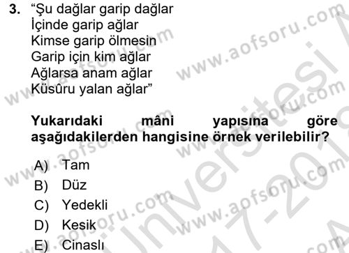 Türk Halk Şiiri Dersi Ara Sınavı Deneme Sınav Soruları 3. Soru