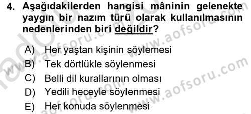 Türk Halk Şiiri Dersi Ara Sınavı Deneme Sınav Soruları 4. Soru