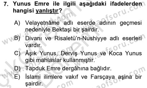 Türk Halk Şiiri Dersi Ara Sınavı Deneme Sınav Soruları 7. Soru