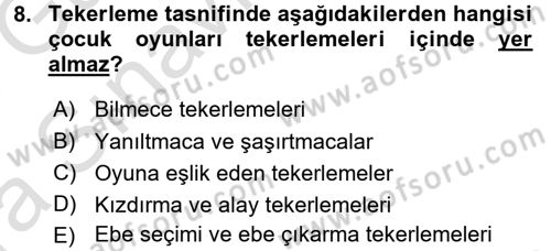 Türk Halk Şiiri Dersi 2017 - 2018 Yılı (Vize) Ara Sınav Soruları 8. Soru