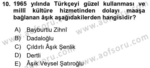 Türk Halk Şiiri Dersi 2017 - 2018 Yılı (Final) Dönem Sonu Sınav Soruları 10. Soru