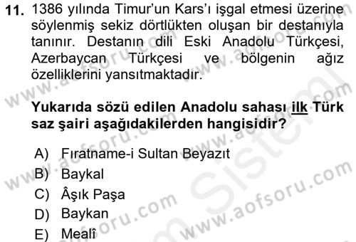 Türk Halk Şiiri Dersi 2017 - 2018 Yılı (Final) Dönem Sonu Sınav Soruları 11. Soru