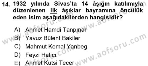 Türk Halk Şiiri Dersi 2017 - 2018 Yılı (Final) Dönem Sonu Sınav Soruları 14. Soru