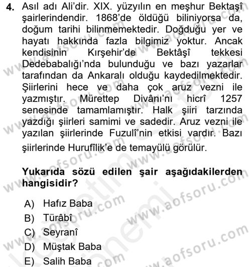 Türk Halk Şiiri Dersi 2017 - 2018 Yılı (Final) Dönem Sonu Sınav Soruları 4. Soru