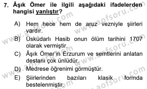 Türk Halk Şiiri Dersi 2017 - 2018 Yılı (Final) Dönem Sonu Sınav Soruları 7. Soru