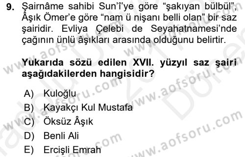 Türk Halk Şiiri Dersi 2017 - 2018 Yılı (Final) Dönem Sonu Sınav Soruları 9. Soru