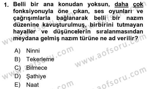 Türk Halk Şiiri Dersi 2018 - 2019 Yılı (Vize) Ara Sınav Soruları 1. Soru