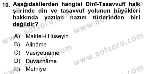 Türk Halk Şiiri Dersi 2018 - 2019 Yılı (Vize) Ara Sınav Soruları 10. Soru