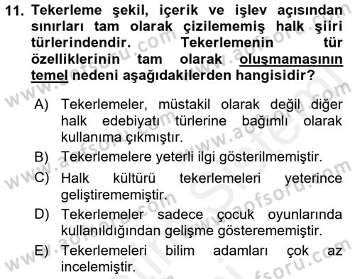 Türk Halk Şiiri Dersi Ara Sınavı Deneme Sınav Soruları 11. Soru