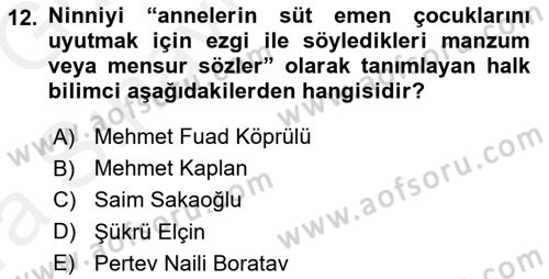 Türk Halk Şiiri Dersi Ara Sınavı Deneme Sınav Soruları 12. Soru