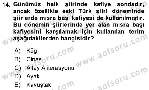 Türk Halk Şiiri Dersi Ara Sınavı Deneme Sınav Soruları 14. Soru
