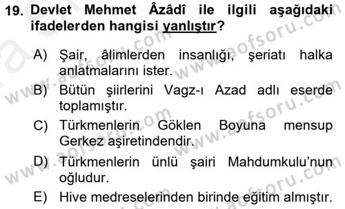 Türk Halk Şiiri Dersi 2018 - 2019 Yılı (Vize) Ara Sınav Soruları 19. Soru
