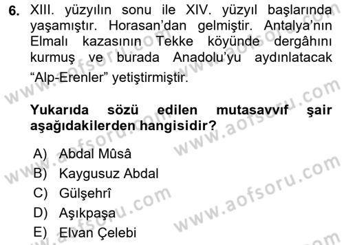 Türk Halk Şiiri Dersi Ara Sınavı Deneme Sınav Soruları 6. Soru