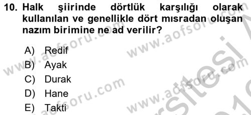 Türk Halk Şiiri Dersi 2018 - 2019 Yılı Yaz Okulu Sınav Soruları 10. Soru
