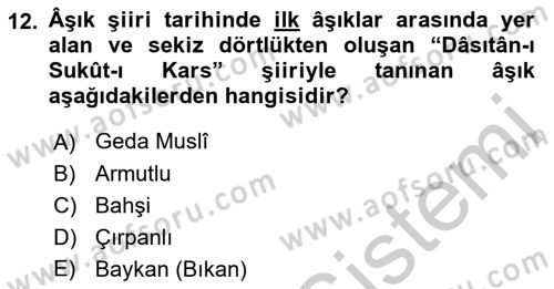 Türk Halk Şiiri Dersi 2018 - 2019 Yılı Yaz Okulu Sınav Soruları 12. Soru