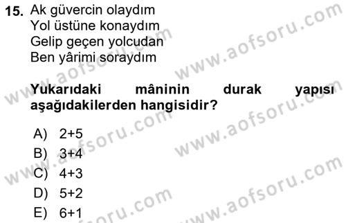 Türk Halk Şiiri Dersi 2018 - 2019 Yılı Yaz Okulu Sınav Soruları 15. Soru