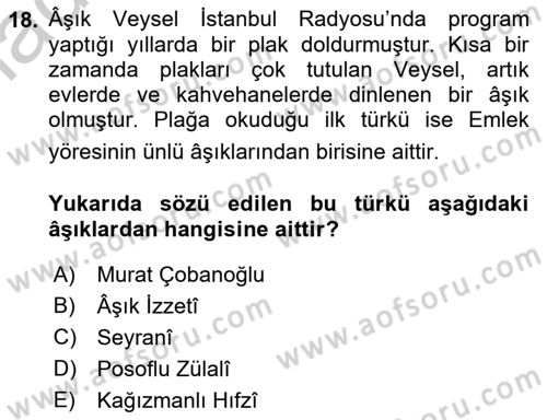 Türk Halk Şiiri Dersi 2018 - 2019 Yılı Yaz Okulu Sınav Soruları 18. Soru