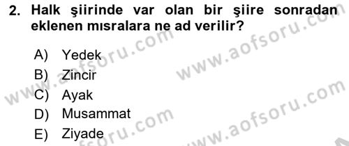 Türk Halk Şiiri Dersi 2018 - 2019 Yılı Yaz Okulu Sınav Soruları 2. Soru