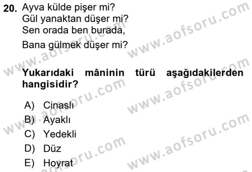 Türk Halk Şiiri Dersi 2018 - 2019 Yılı Yaz Okulu Sınav Soruları 20. Soru