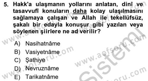 Türk Halk Şiiri Dersi 2018 - 2019 Yılı Yaz Okulu Sınav Soruları 5. Soru