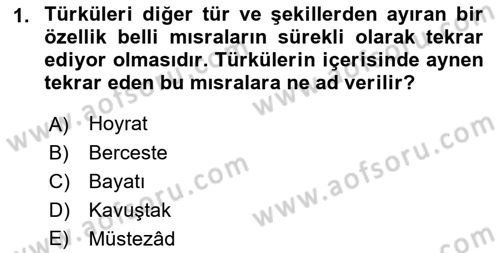 Türk Halk Şiiri Dersi Ara Sınavı Deneme Sınav Soruları 1. Soru