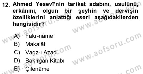 Türk Halk Şiiri Dersi Ara Sınavı Deneme Sınav Soruları 12. Soru