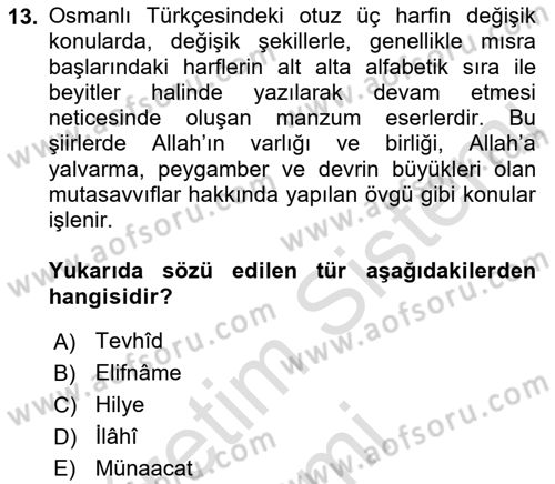 Türk Halk Şiiri Dersi 2019 - 2020 Yılı (Vize) Ara Sınav Soruları 13. Soru