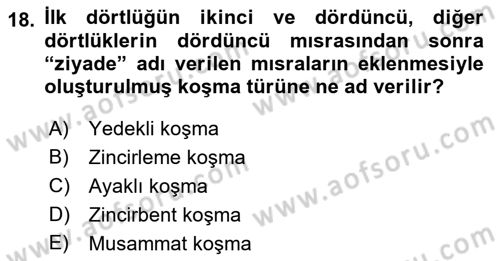 Türk Halk Şiiri Dersi Ara Sınavı Deneme Sınav Soruları 18. Soru