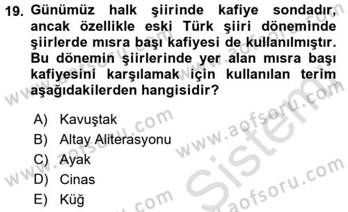 Türk Halk Şiiri Dersi Ara Sınavı Deneme Sınav Soruları 19. Soru