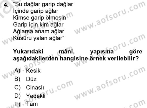 Türk Halk Şiiri Dersi 2019 - 2020 Yılı (Vize) Ara Sınav Soruları 4. Soru