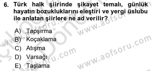 Türk Halk Şiiri Dersi Ara Sınavı Deneme Sınav Soruları 6. Soru