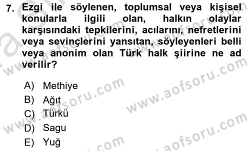 Türk Halk Şiiri Dersi 2019 - 2020 Yılı (Vize) Ara Sınav Soruları 7. Soru