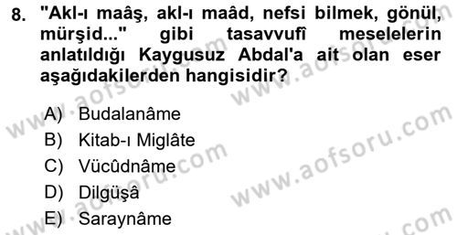 Türk Halk Şiiri Dersi Ara Sınavı Deneme Sınav Soruları 8. Soru