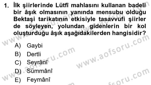 Türk Halk Şiiri Dersi 2019 - 2020 Yılı (Final) Dönem Sonu Sınav Soruları 1. Soru