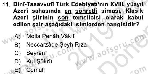 Türk Halk Şiiri Dersi 2019 - 2020 Yılı (Final) Dönem Sonu Sınav Soruları 11. Soru