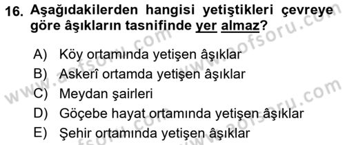 Türk Halk Şiiri Dersi 2019 - 2020 Yılı (Final) Dönem Sonu Sınav Soruları 16. Soru
