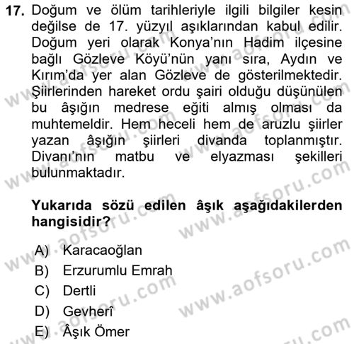 Türk Halk Şiiri Dersi 2019 - 2020 Yılı (Final) Dönem Sonu Sınav Soruları 17. Soru