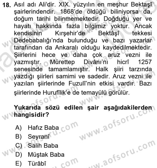 Türk Halk Şiiri Dersi 2019 - 2020 Yılı (Final) Dönem Sonu Sınav Soruları 18. Soru