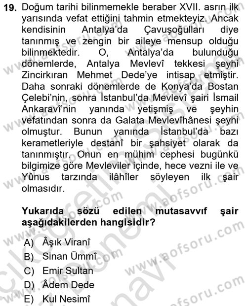 Türk Halk Şiiri Dersi 2019 - 2020 Yılı (Final) Dönem Sonu Sınav Soruları 19. Soru